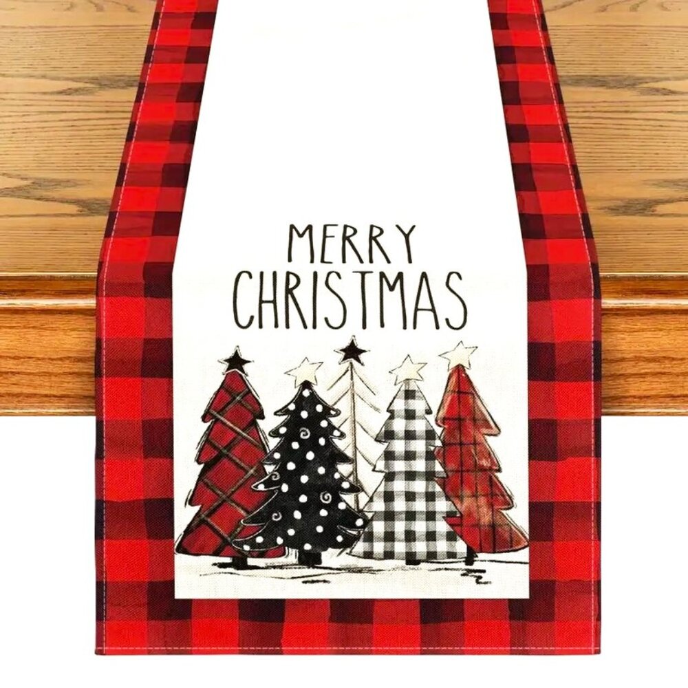 Christmas Table Runner Red Plaid Black White Dining Linen 13"x72" Holiday